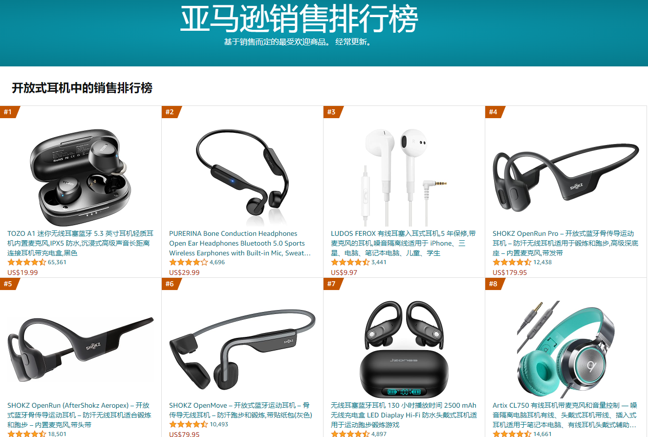 韶音稳占高端，塞那、TOZO异军突起，亚马逊8月销量TOP10开放式不入耳耳机汇总