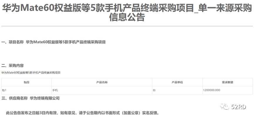 中国移动采购华为Mate60权益版等五款手机120万台