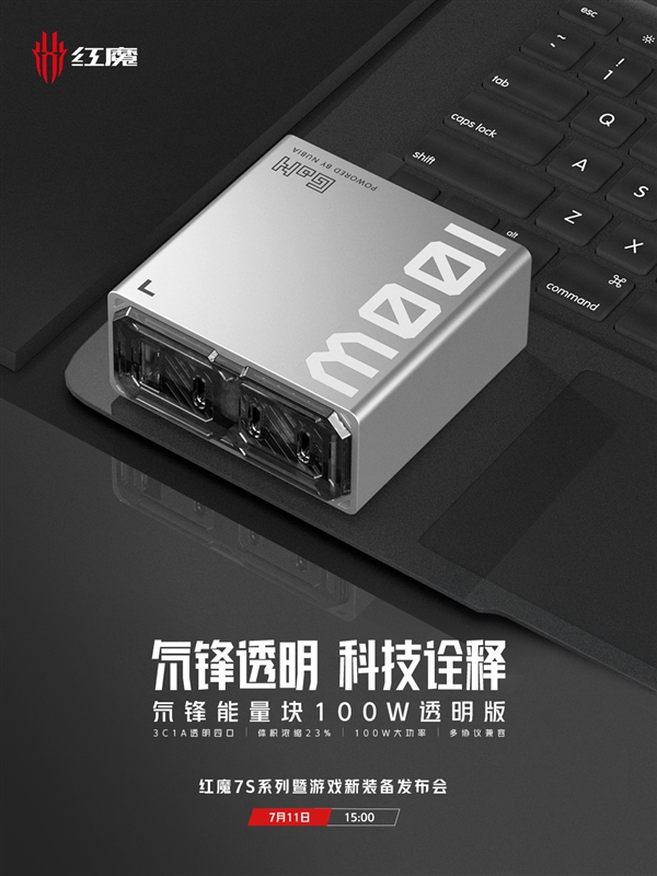 红魔宣布100W氮化镓充电器：3C1A透明四口、体积浓缩23％