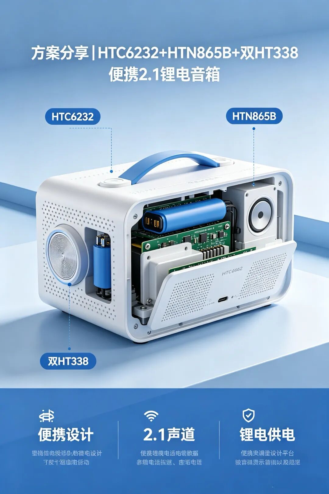 方案分享|HTC6232+HTN865B+双HT338便携2.1锂电音箱