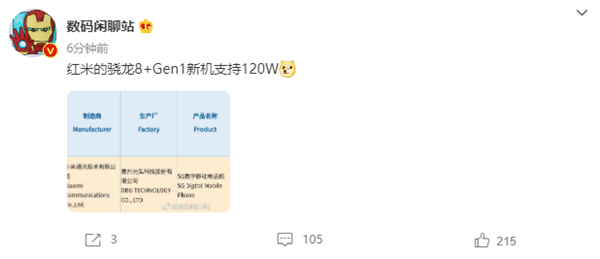 Redmi K50超大杯通过3C认证：120W超级快充稳了
