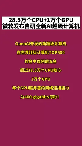 豪砸10个亿美元，微软 28.5万个核心的AI超算机来了👍